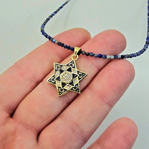 Stunning Blue Enamel CZ Star of David Necklace Adjustable Lapis Lazuli Chain - Picture 2 of 7